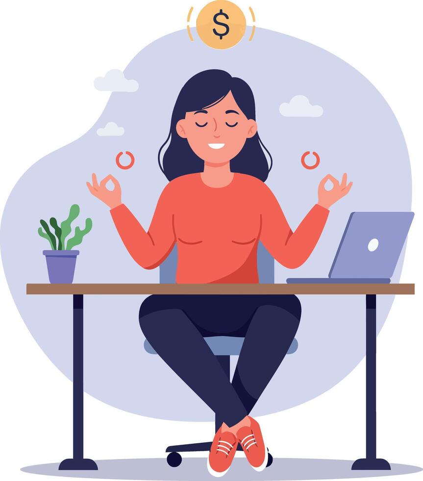 Woman meditating at desk with laptop and plant in flat art style with financial elements in illustration vector