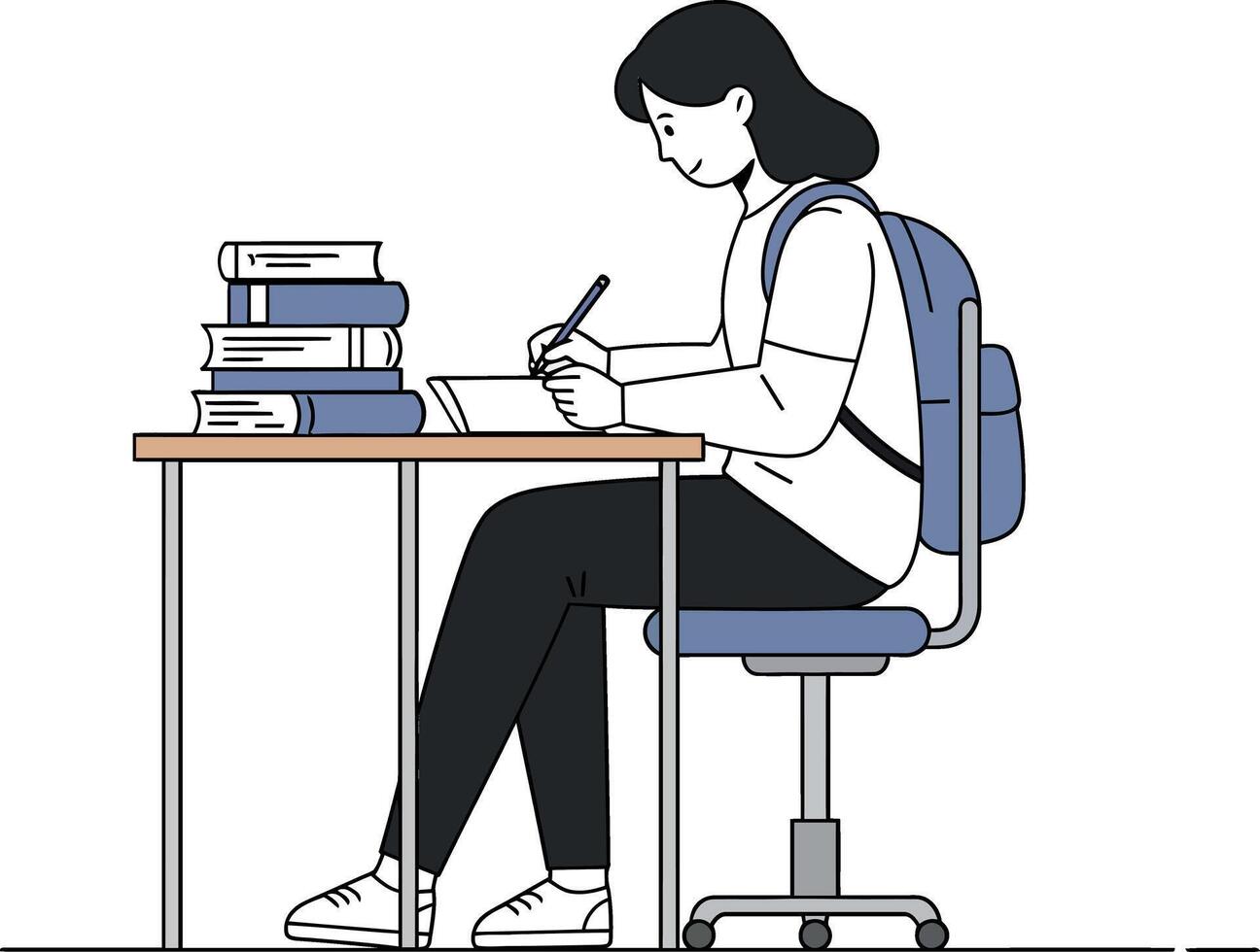 Student focused on writing notes at desk with books in flat minimal illustration vector