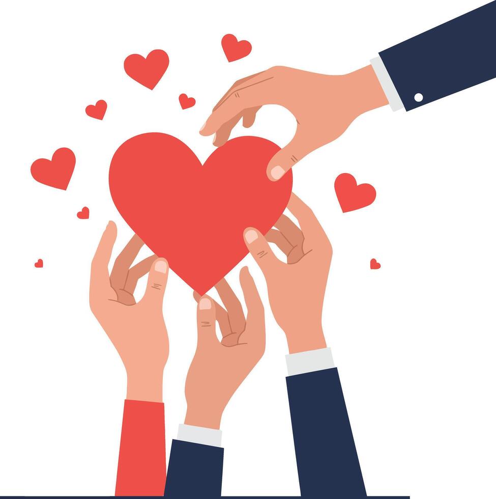 Hands reaching for a red heart symbolizing love and connection in a flat illustration vector