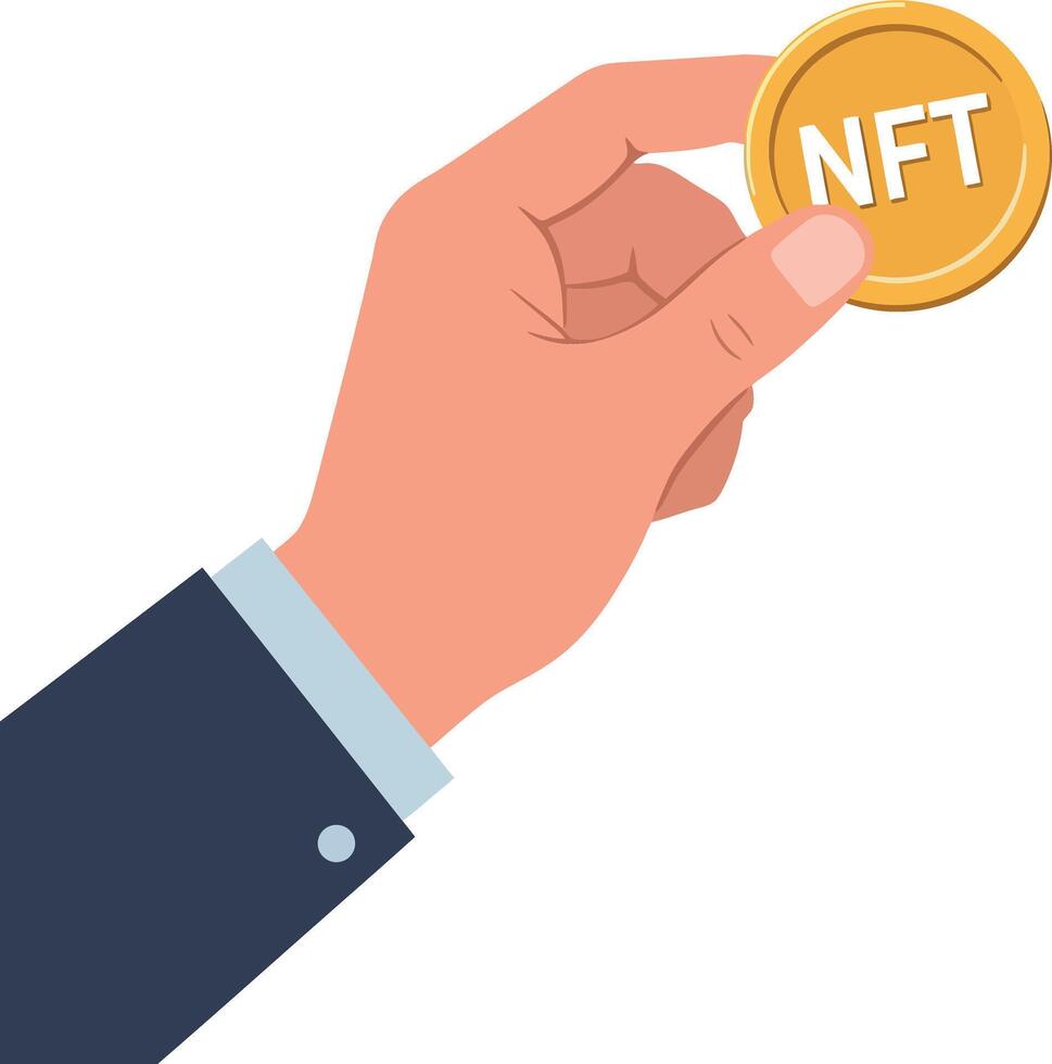 Hand holding a gold coin labeled NFT in flat and minimal design style art vector