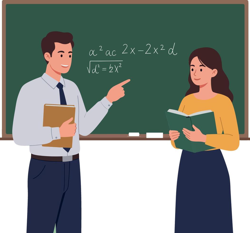 Engaging classroom scene with teacher and student discussing math concepts in a flat illustration vector