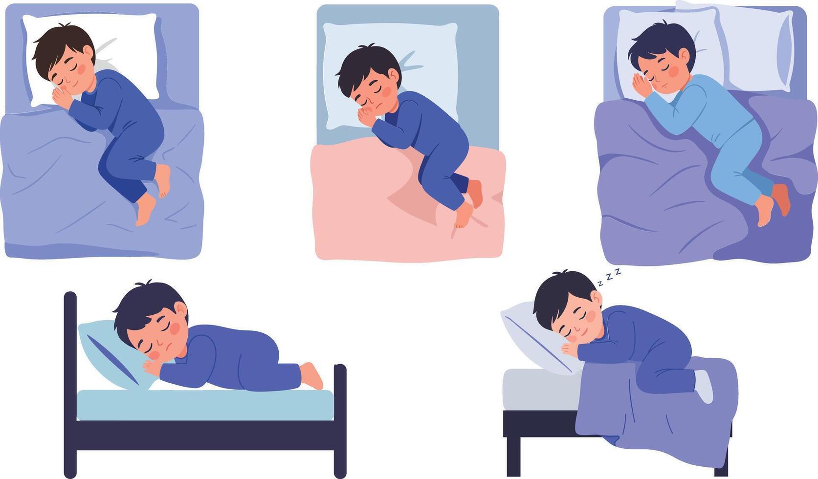 Child sleeping in various positions with flat design style showcasing movement in illustration vector