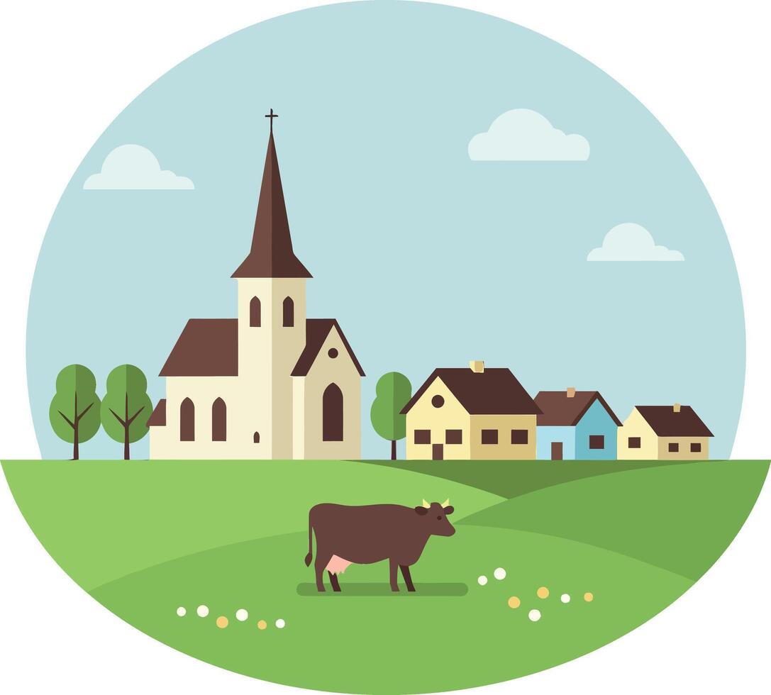 Pastoral scene featuring a church, cow, and houses in a minimal flat design illustration vector