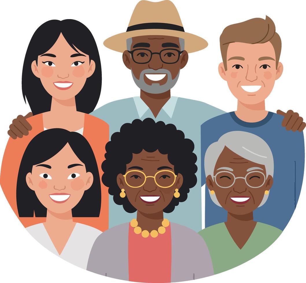 Group of diverse individuals smiling together in a flat, minimal design style illustration vector