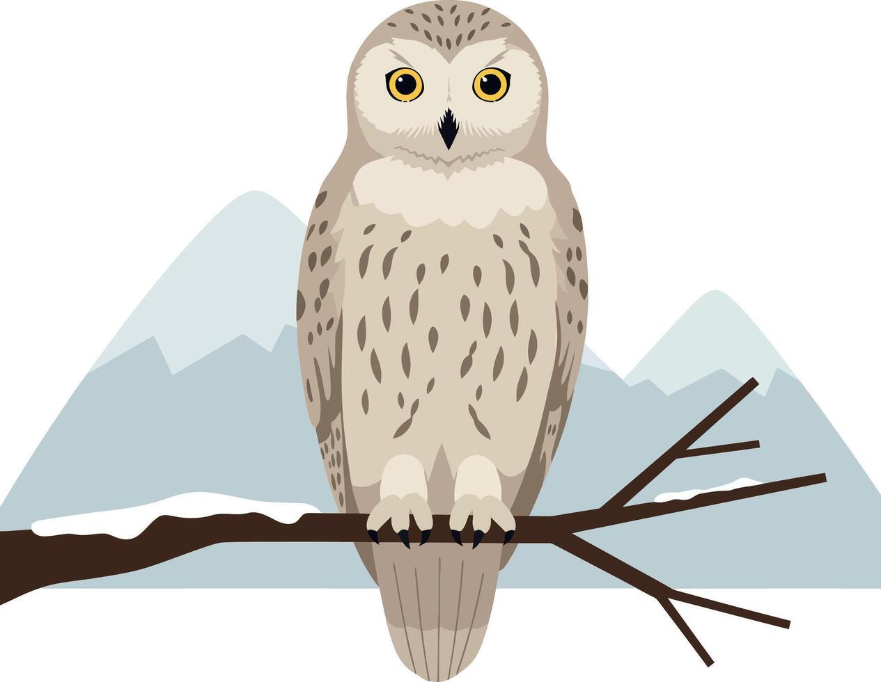 Owl perched on branch with stylized mountains in the background, flat design illustration vector