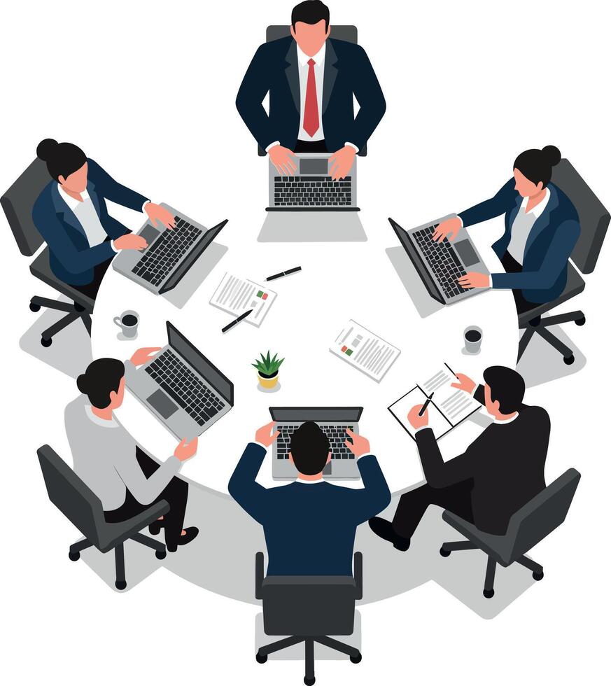 Team members collaborating around a circular table in a flat illustration vector