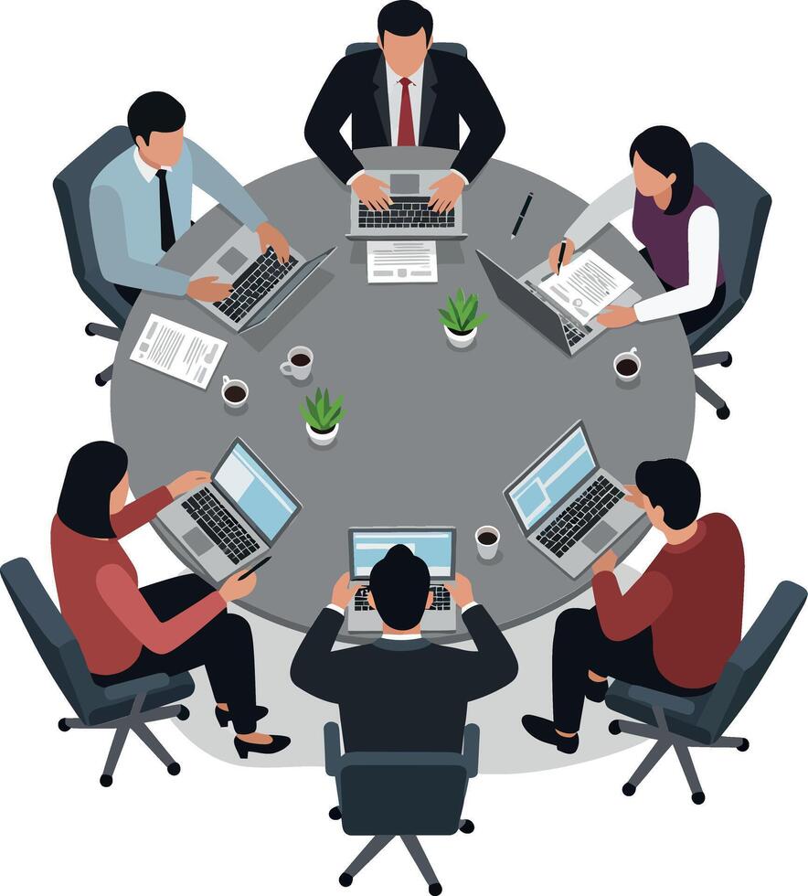 Business meeting with professionals around a circular table in flat design style art vector