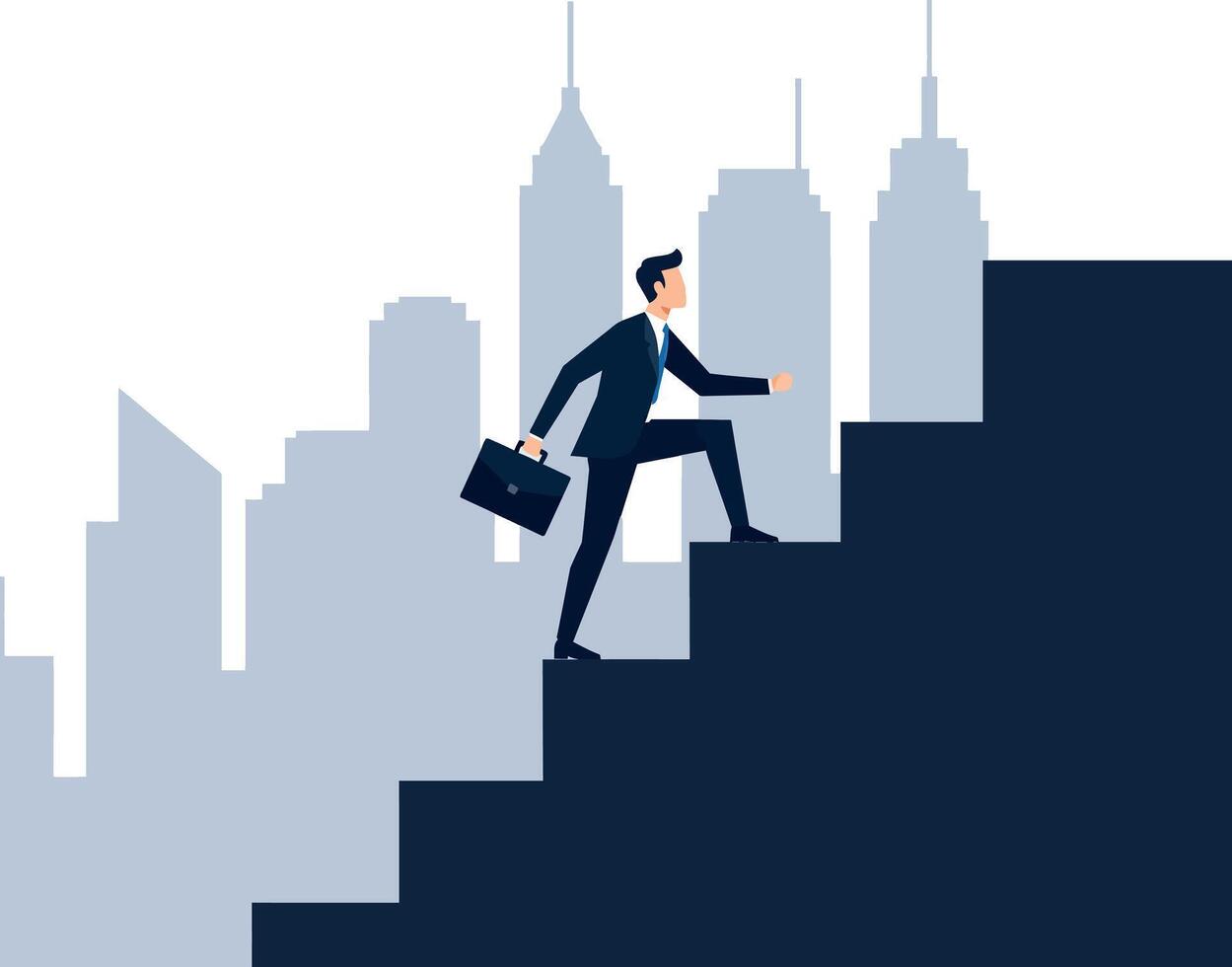 Businessman climbing stairs in a modern cityscape, flat design showcasing determination and ambition, illustration vector