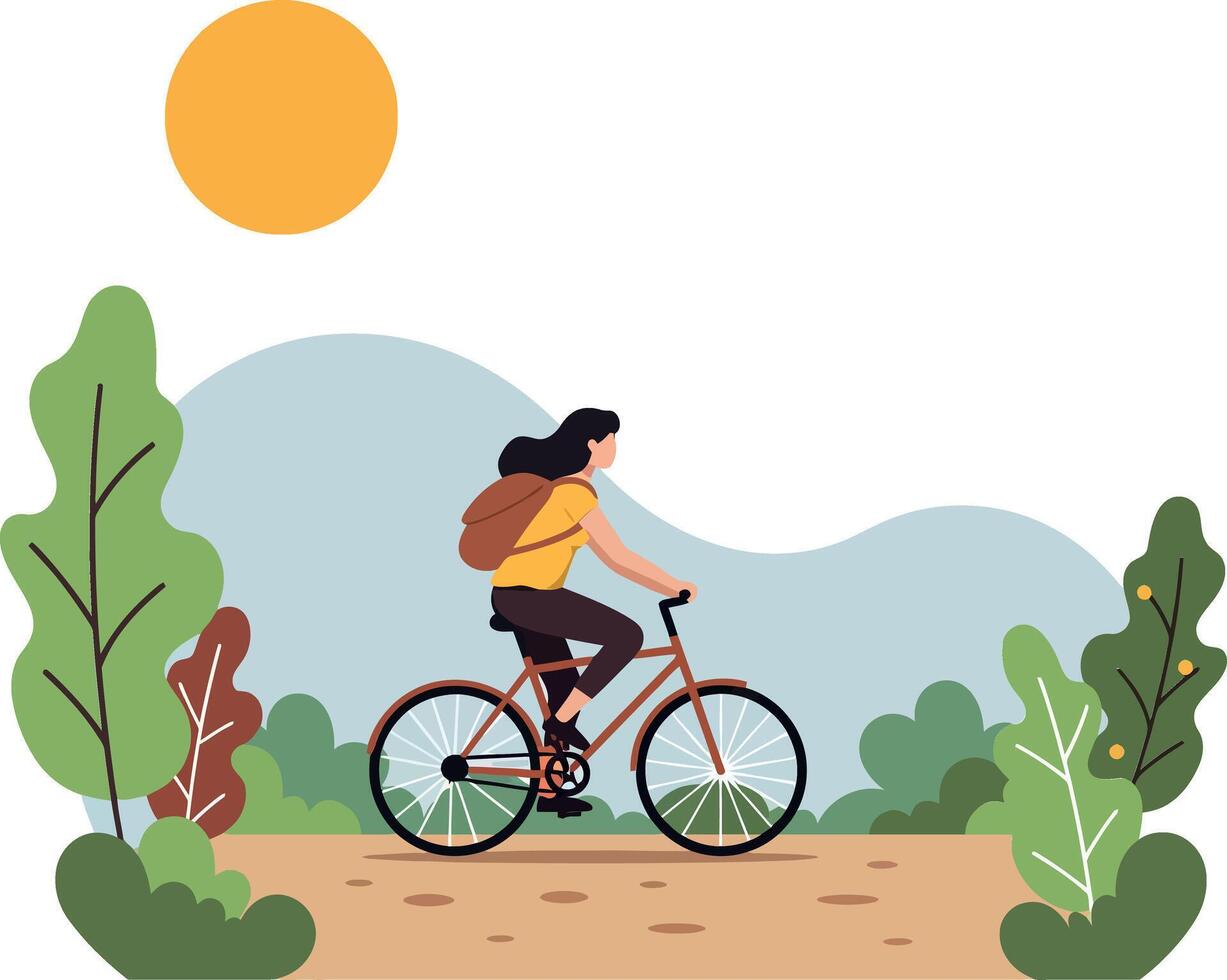 Woman riding a bicycle through nature in a flat design style illustration vector