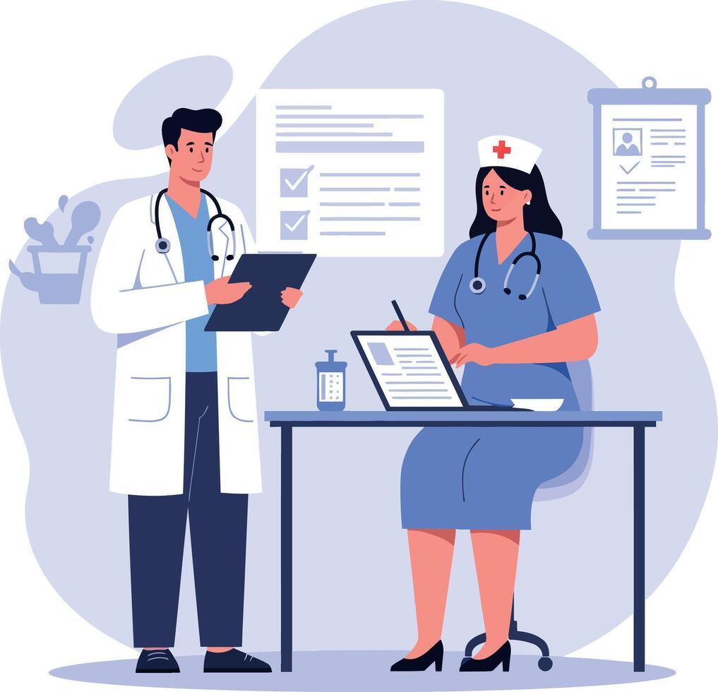 Medical professionals discussing patient care in a flat design style illustration vector