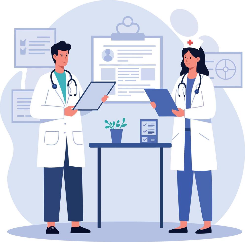 Two medical professionals discussing patient information in a minimal flat design illustration vector