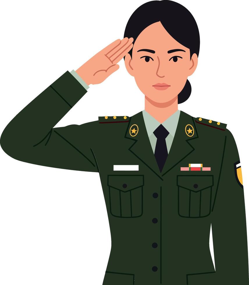 Military officer in uniform performing a salute in flat art style with detailed features and expressions illustration vector