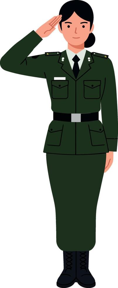 Female soldier in uniform performing a salute in a flat illustration style for military representation vector