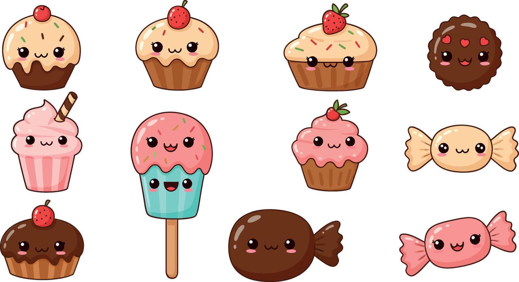Cute dessert characters with playful expressions in flat design style art vector