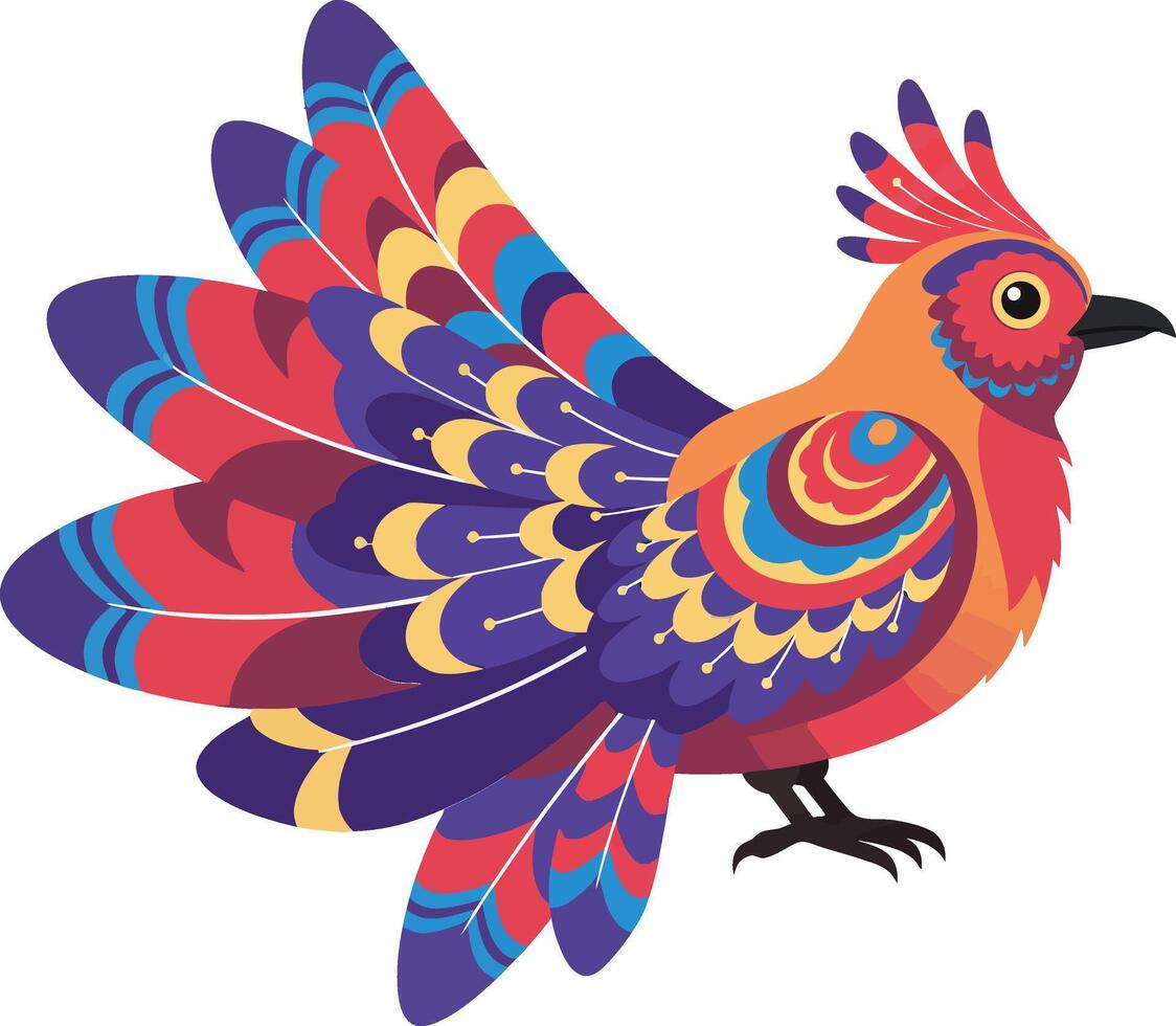 Colorful bird with intricate feathers in a detailed flat design style art vector