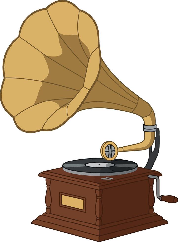 Antique gramophone with a large horn in flat design style, showcasing detailed art vector