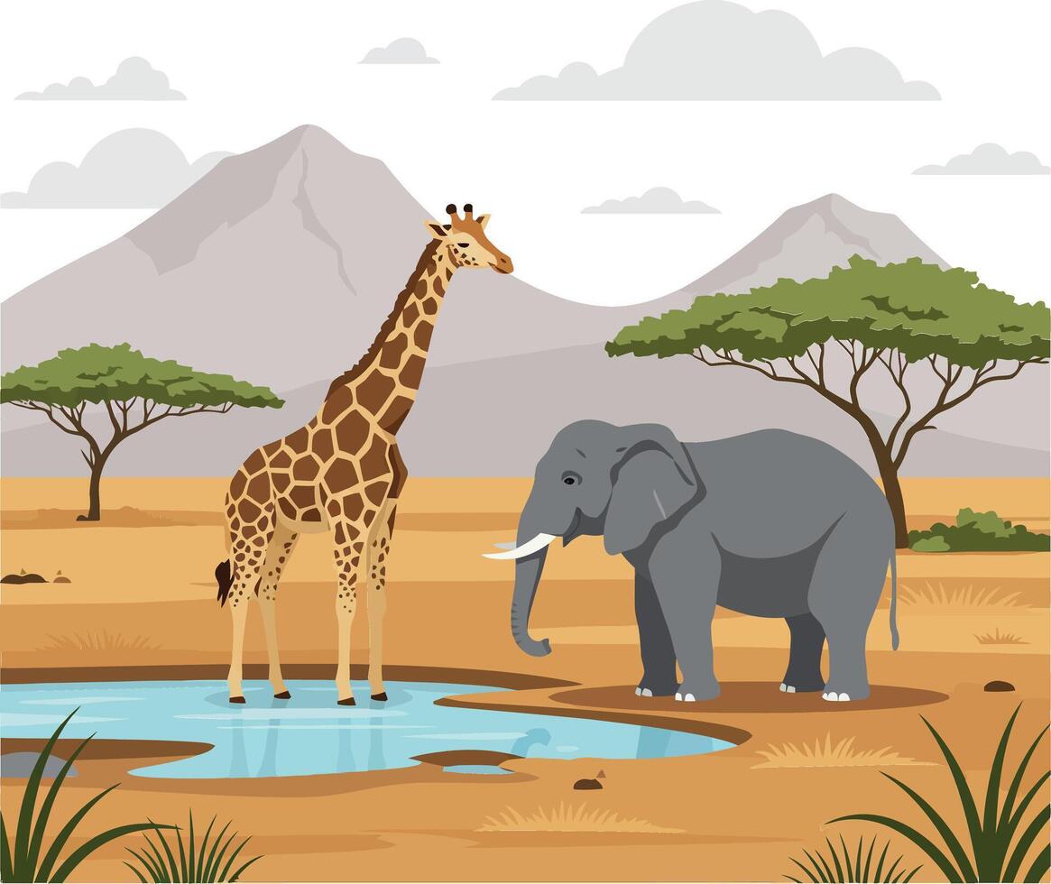 Giraffe and elephant interacting in a serene savanna landscape, flat design art vector