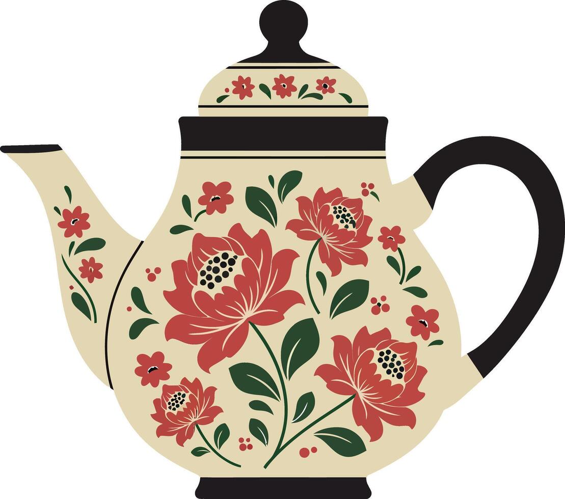 Teapot with intricate floral design in flat style showcasing vibrant colors and details in art vector