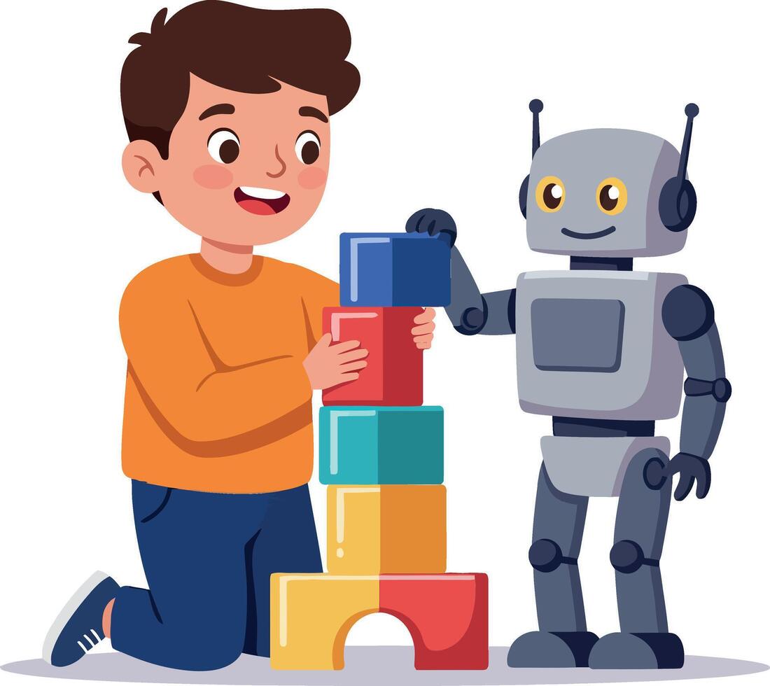 Child playing with colorful blocks alongside a friendly robot in a flat illustration vector
