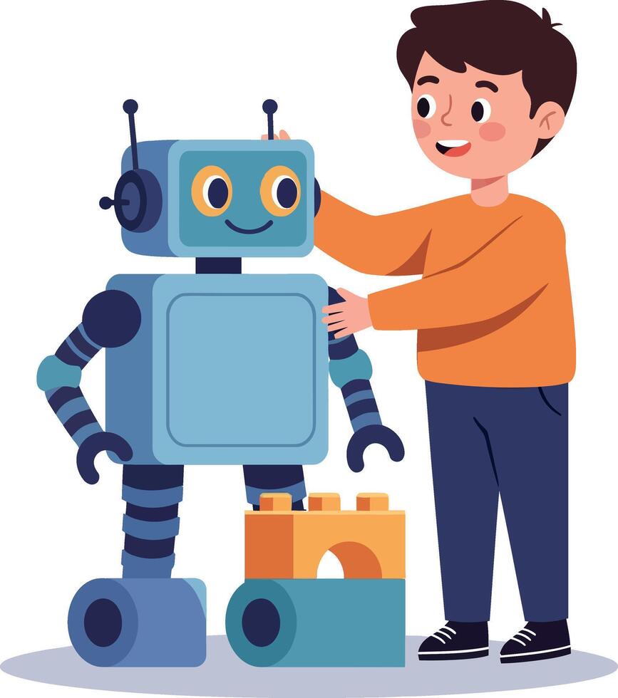 Happy child interacting with friendly robot in minimal flat design illustration vector