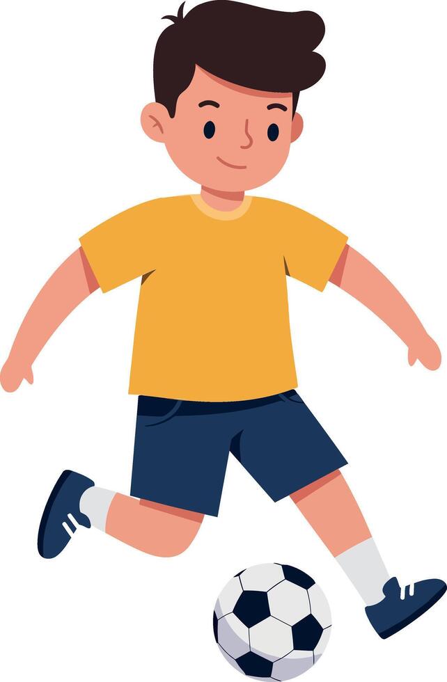 Young boy kicking a soccer ball in a playful manner, flat design, colorful illustration vector