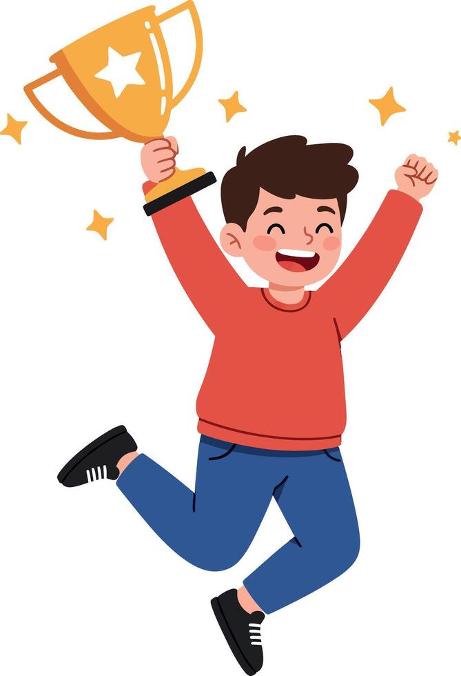 Happy child celebrating victory with trophy in flat illustration style depicting joy and excitement art vector