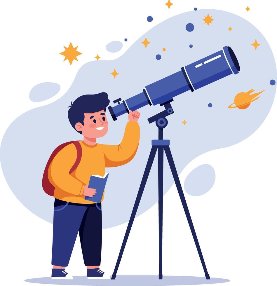 Child observing stars through telescope in a colorful, flat design art vector