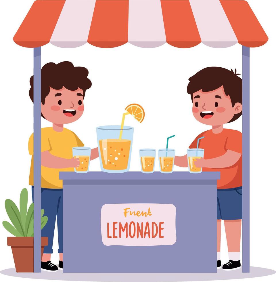 Two boys selling fresh lemonade at a colorful stall in flat art style vector