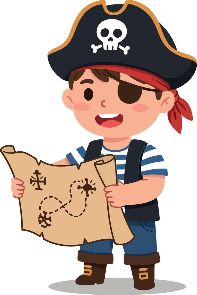 Pirate boy character holding a treasure map in a playful, colorful, flat design illustration vector