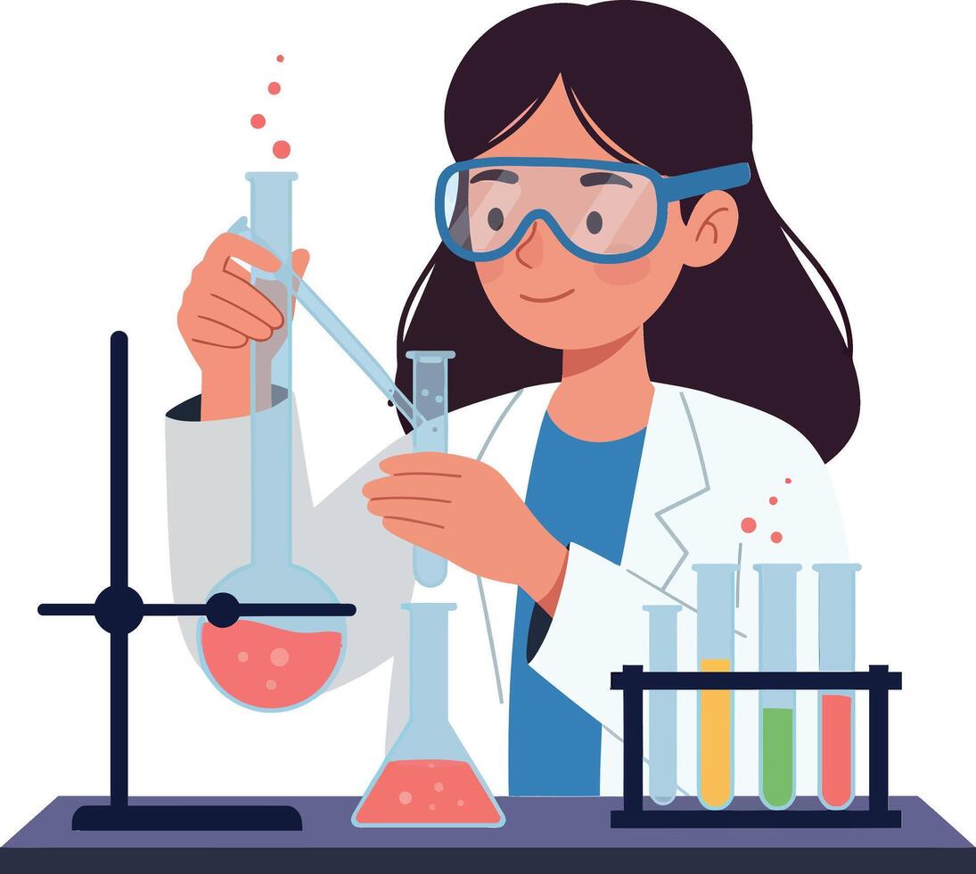 Young scientist conducting experiments in a laboratory with colorful liquids in flat art vector