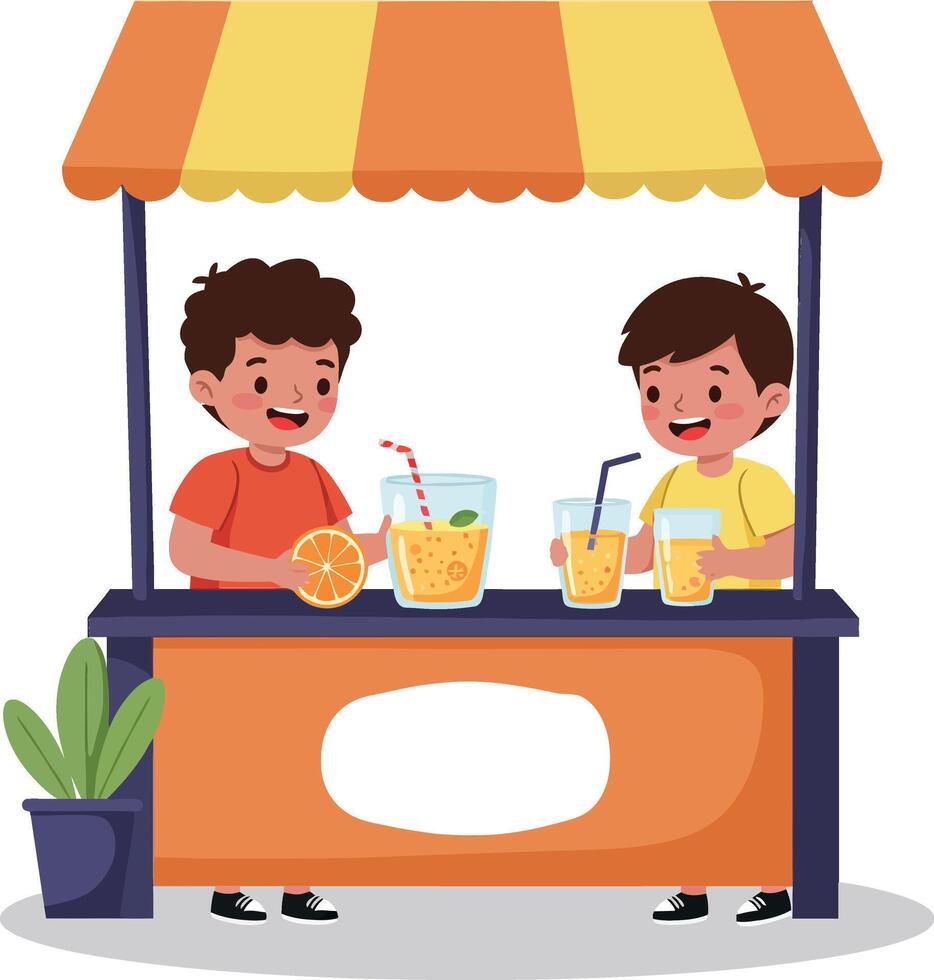 Two cheerful boys at a colorful juice stand in minimal flat illustration vector