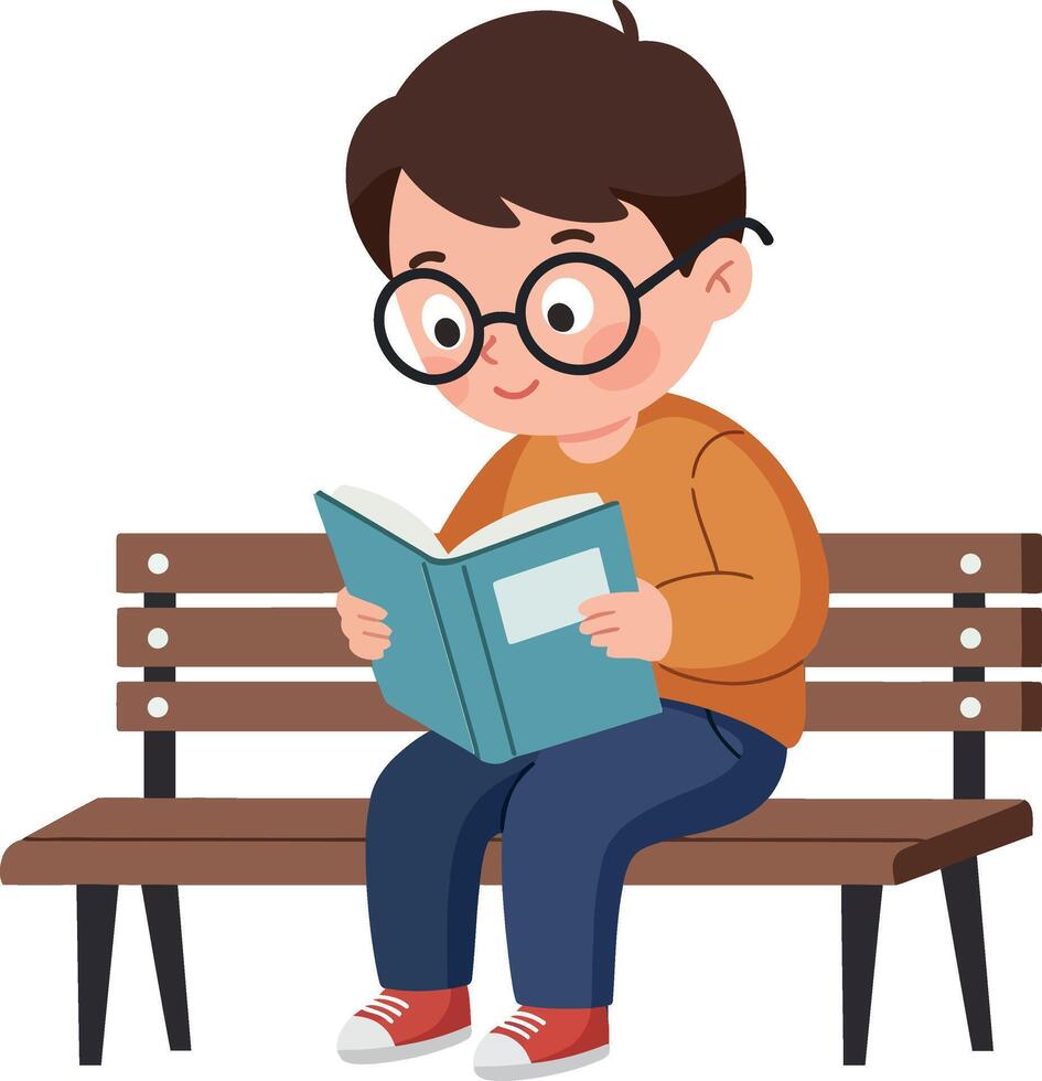 Young boy sitting on a bench reading a book in a colorful flat illustration vector