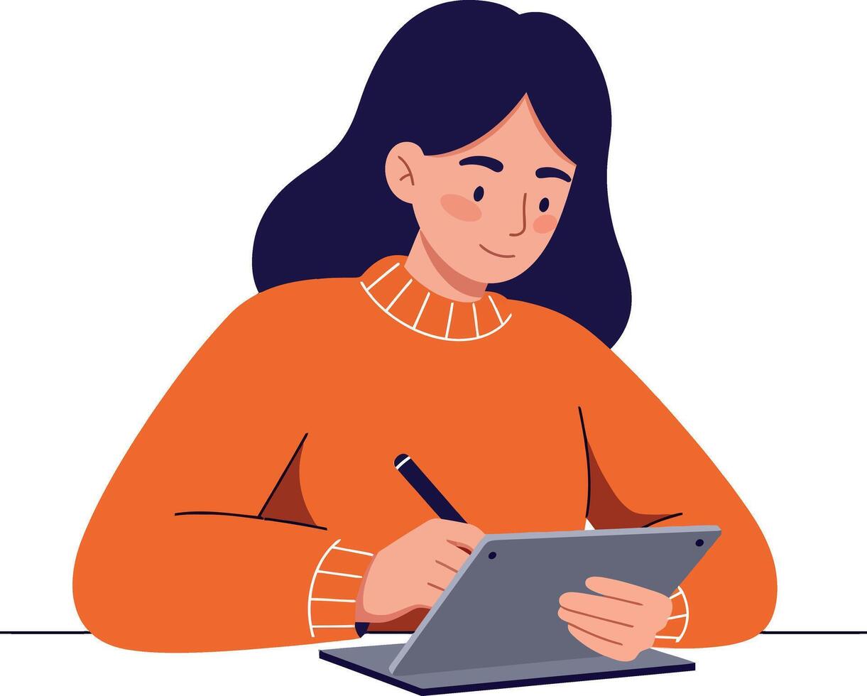 Young woman focused on digital drawing in minimal style with vibrant colors and clean lines illustration vector
