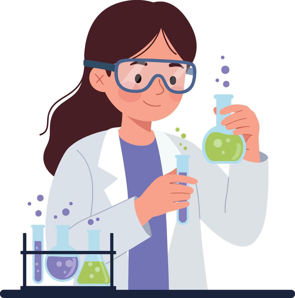 Female scientist conducting experiments in laboratory with colorful liquids in flat illustration vector