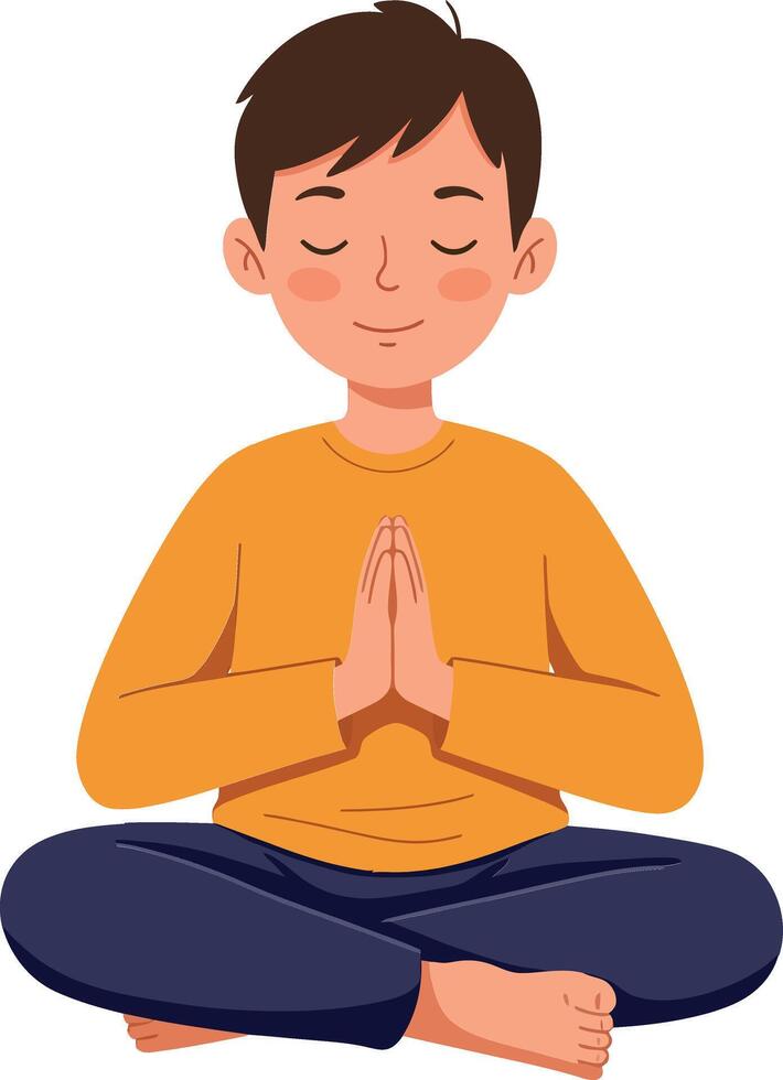 Young boy meditating in a calm pose with a minimalistic flat design style illustration vector