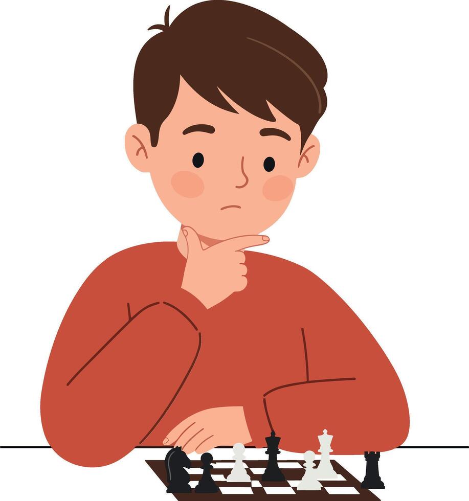 Thoughtful boy contemplating chess moves in flat design style illustration vector