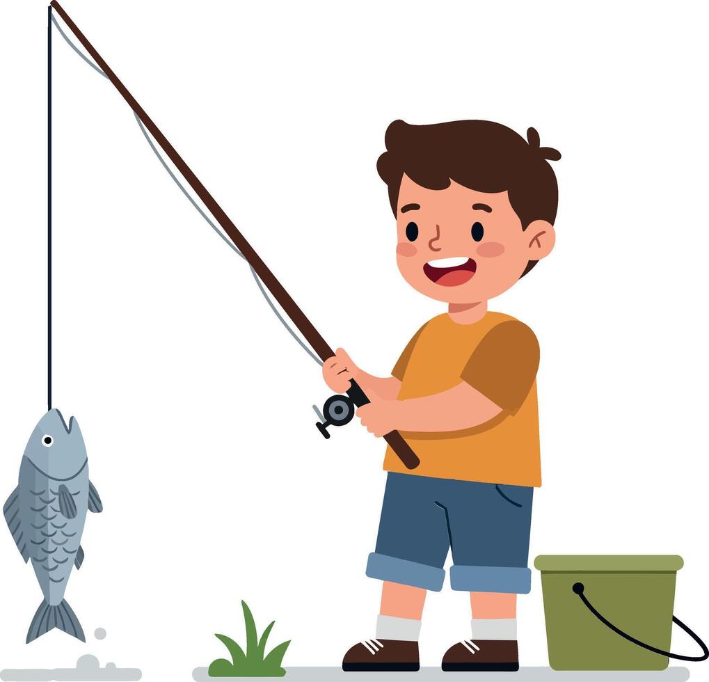 Young boy joyfully fishing with a rod and catching a fish in flat art vector