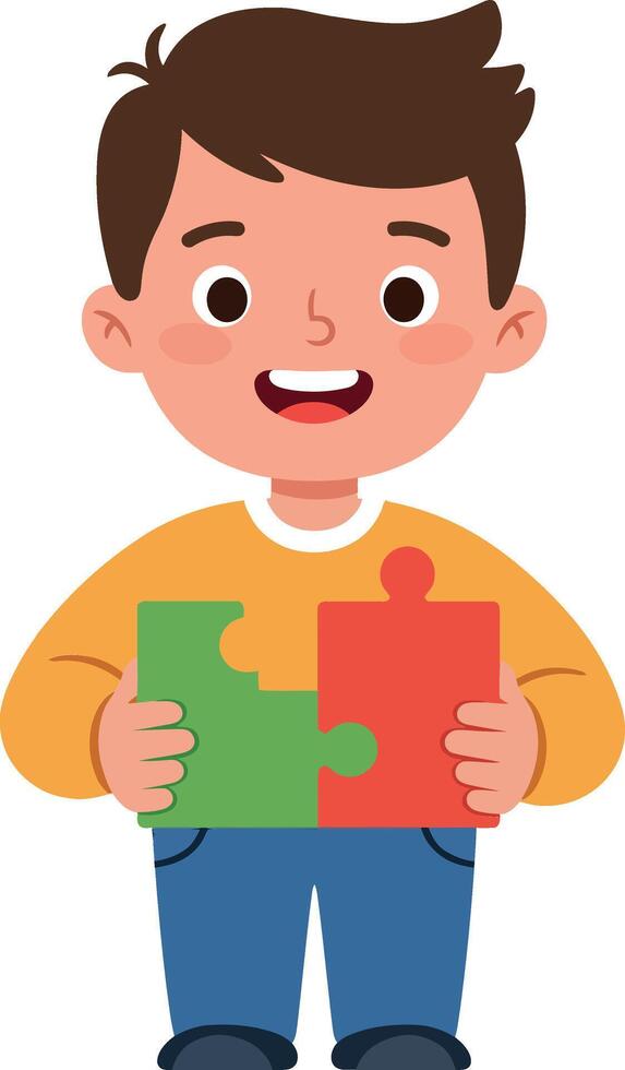 Happy child holding two colorful puzzle pieces in flat design art vector
