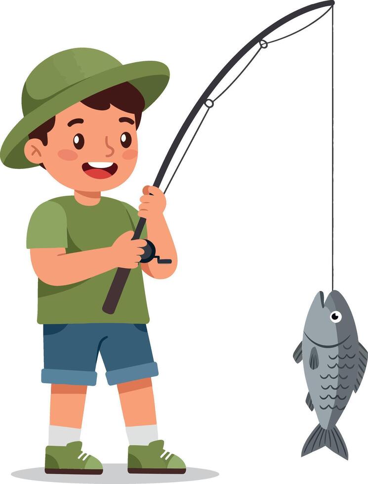 Happy boy fishing with a smile holding a fish in a flat illustration vector