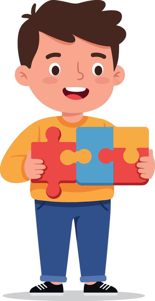 Child holding colorful puzzle pieces in flat and cheerful design style illustration vector