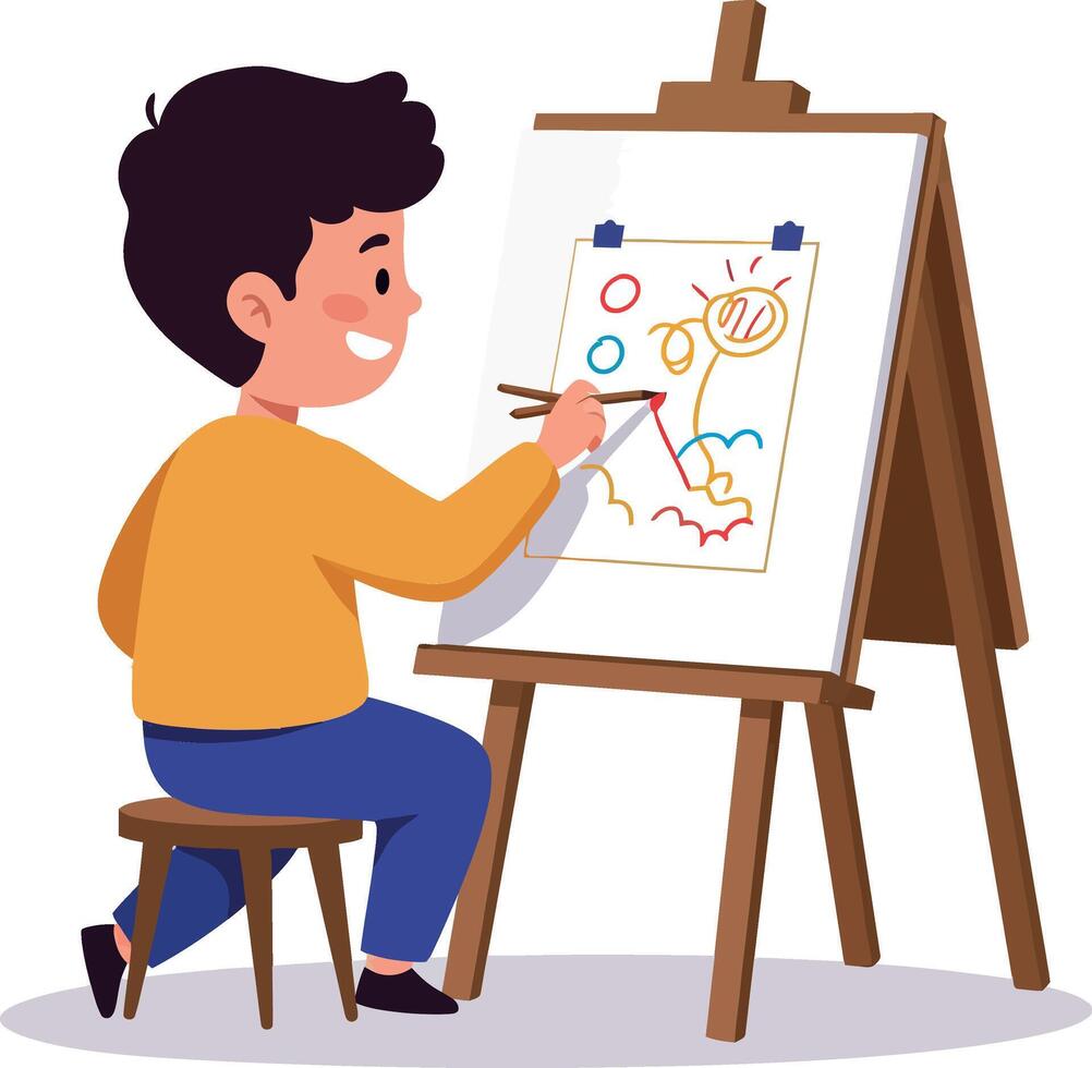Young boy happily drawing colorful shapes on an easel in a flat art style vector