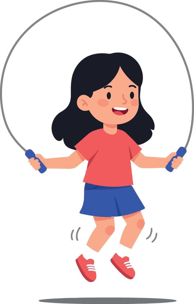 Girl joyfully skipping rope in vibrant colors, flat design style, cheerful expression, illustration vector