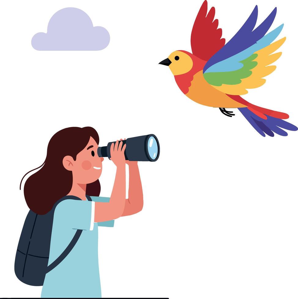 Person observing colorful bird through binoculars in flat illustration style vector