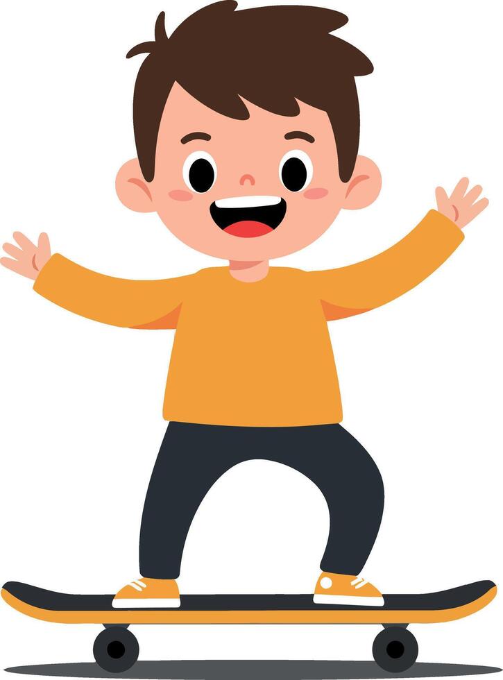 Happy child riding skateboard in flat design style showcasing fun movement and joy in art vector