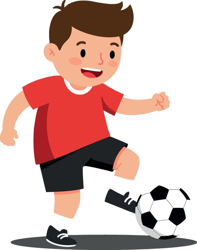 Young boy kicking a soccer ball in a playful pose, flat design art vector