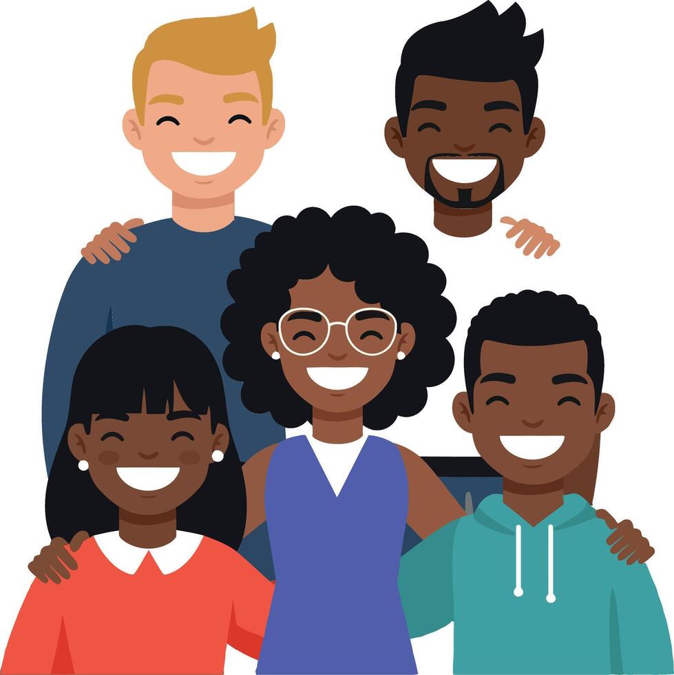Group of diverse friends smiling joyfully in a flat and colorful style illustration vector