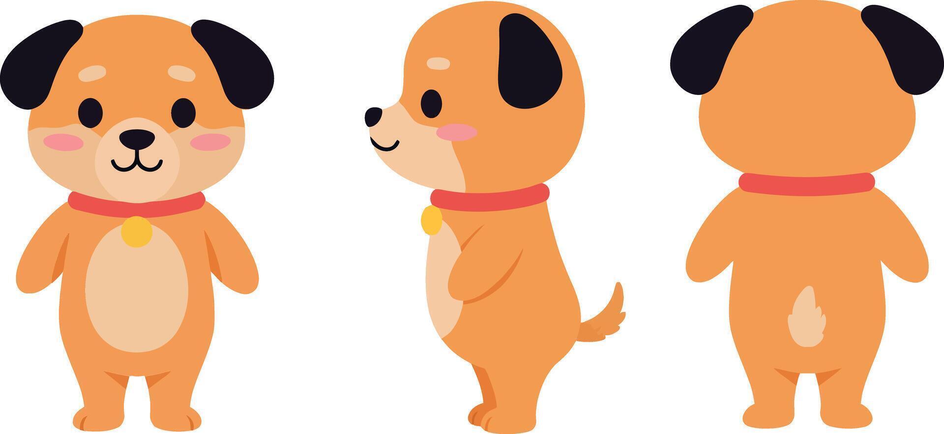 Cute cartoon dog character shown in three different angles in flat design art vector