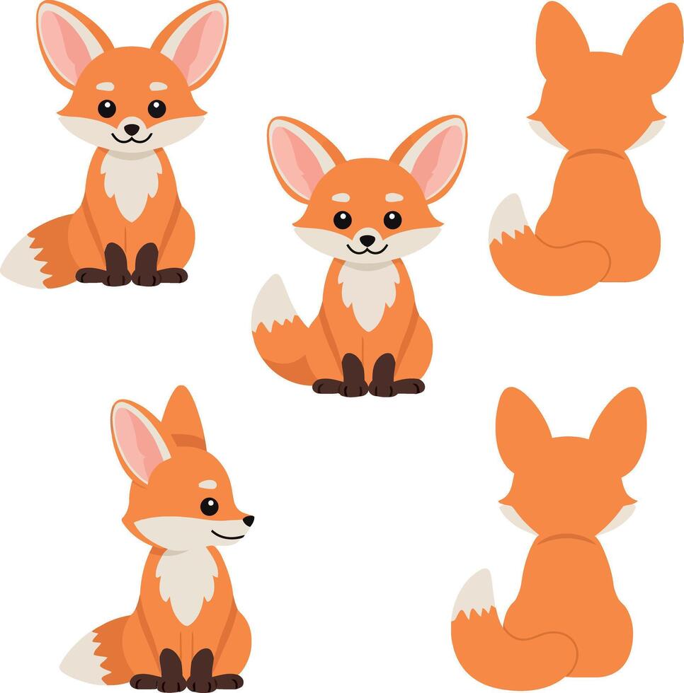 Cute fox character design in flat style showcasing various poses and expressions in art vector