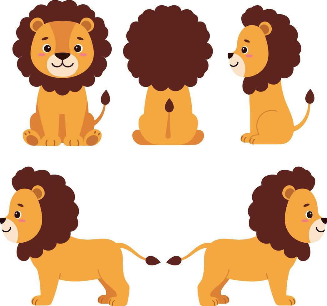 Cute lion character design in flat style showcasing various angles and expressions in art vector