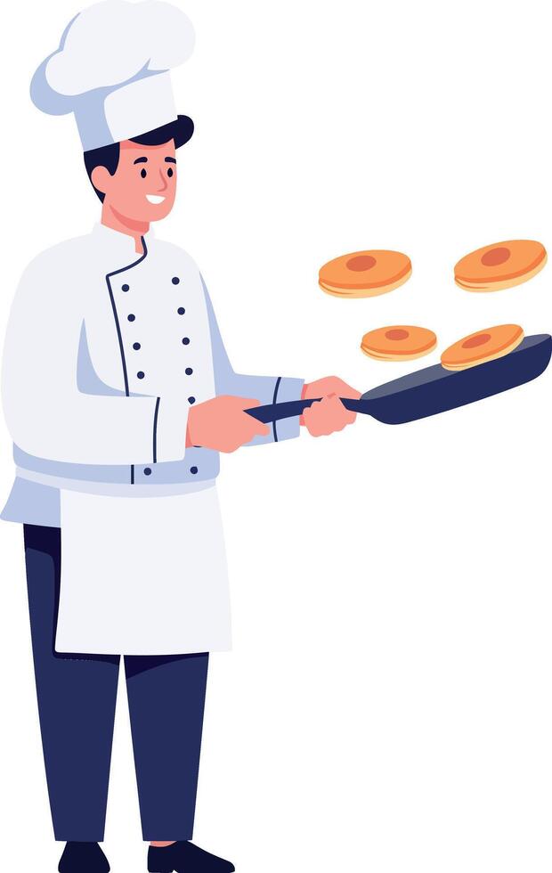 Chef flipping pancakes in a dynamic motion using a frying pan flat illustration vector